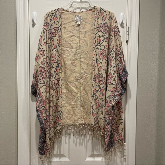 Billabong Womens M-L Oversized Beach Boho Fringe Cardigan Kimono Beige Pink Gray - Picture 1 of 9